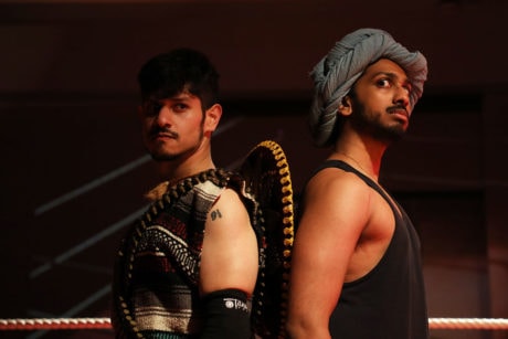 Christian Gonzalez (Mace) and Jehan Sterling Silva (VP) in The Elaborate Entrance of Chad Deity, now playing at Cohesion Theatre. Photo by Shealyn Jae Photography.