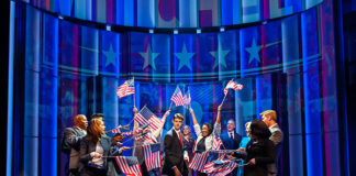 Drew Gehling (Dave Kovic/President Bill Mitchell) and the cast, in Dave, running July 18-August 19, 2018 at Arena Stage at the Mead Center for American Theater. Photo by Margot Schulman.