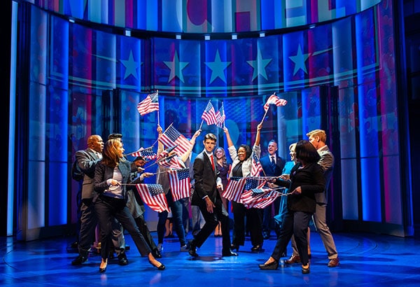 Drew Gehling (Dave Kovic/President Bill Mitchell) and the cast, in Dave, running July 18-August 19, 2018 at Arena Stage at the Mead Center for American Theater. Photo by Margot Schulman.
