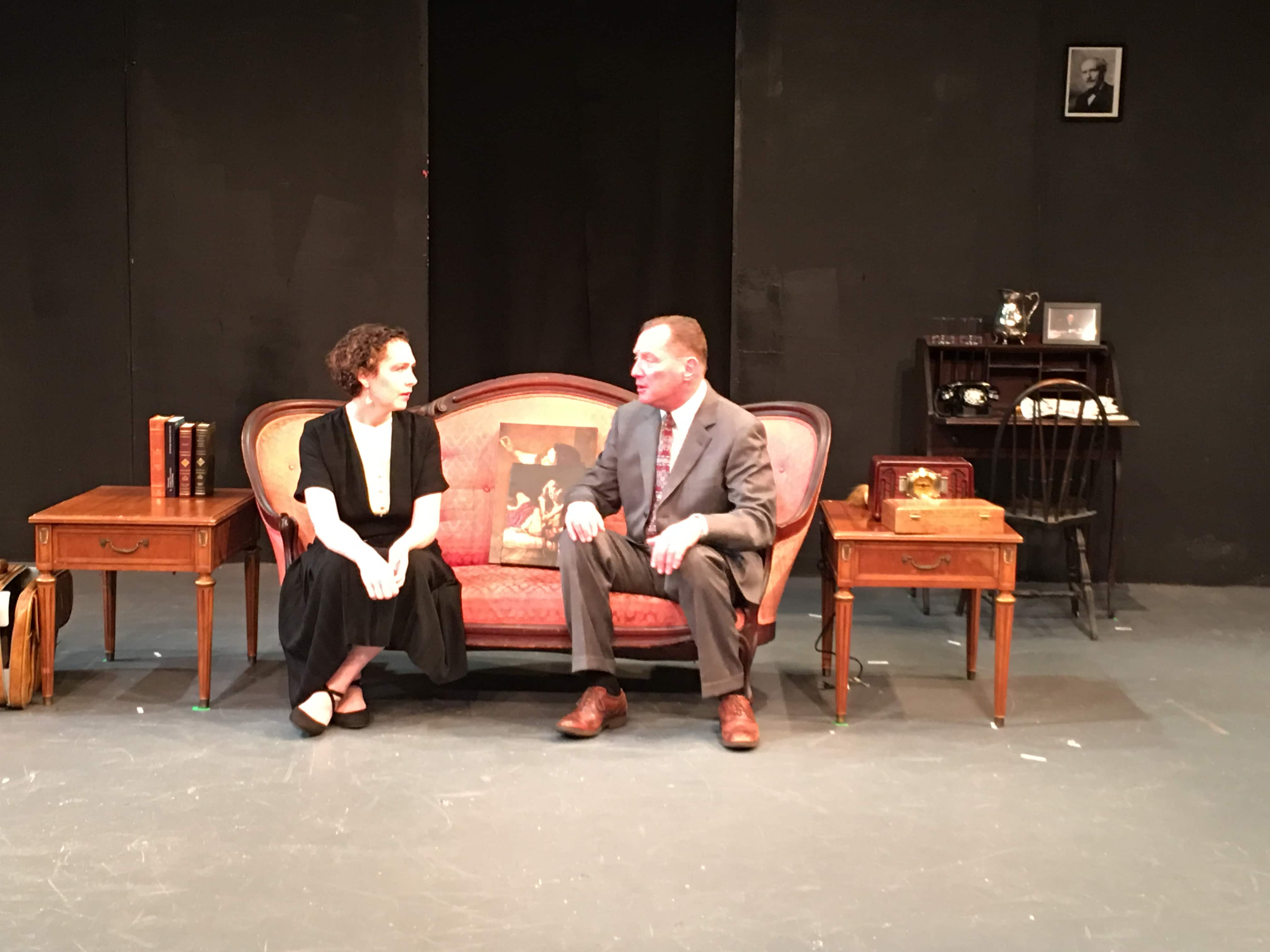 Margherita Sarfatti (Emily Canavan) and Benito Mussolini (Bob Cohen) in Margherita, now playing at the Greenbelt Arts Center. Photo by Sam Simon.