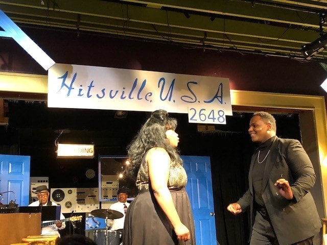 Jasmine Prather as Tammi Terrell and Edward Byrd as Marvin Gaye, with drummer John Chandler in the background, in Heard It Through The Grapevine - A Tribute To Motown, now playing at the Gaithersburg Arts Barn. Photo by William Powell.