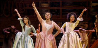 Shoba Narayan, Ta'Rea Campbell, and Nyla Sostre in the second National Tour of Hamilton. Photo by Joan Marcus.