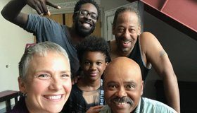The cast of MetroStage's production of The Painted Rocks at Revolver Creek in early rehearsal. Back: Jeremy Keith Hunter, Jeremiah Hasty, director Thomas W. Jones II Front: Marni Penning and Doug Brown. Photo by Marni Penning.