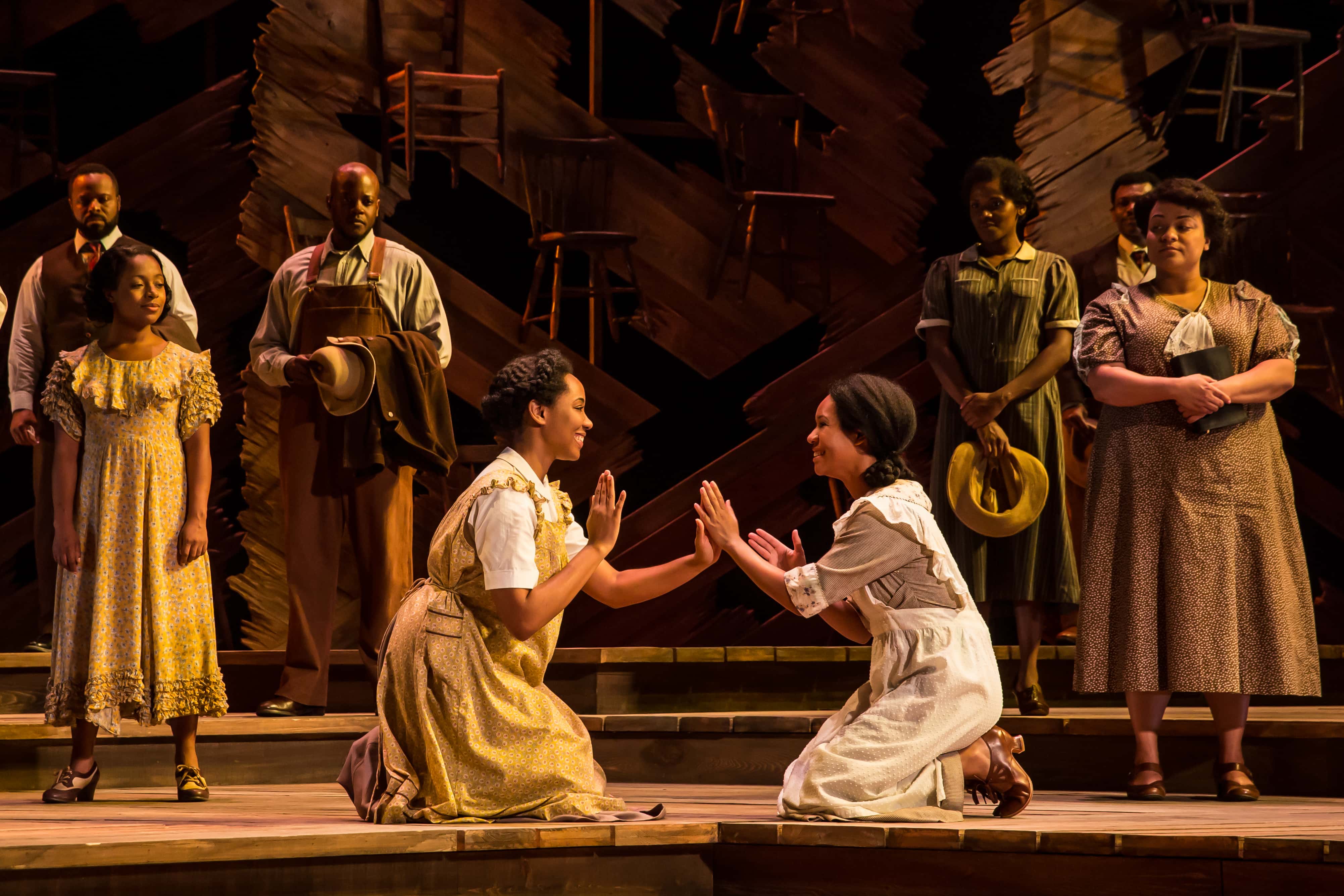 Adrianna Hicks (Celie), N'Jameh Camara (Nettie) and the North American tour cast of The Color Purple. Photo by Matthew Murphy.