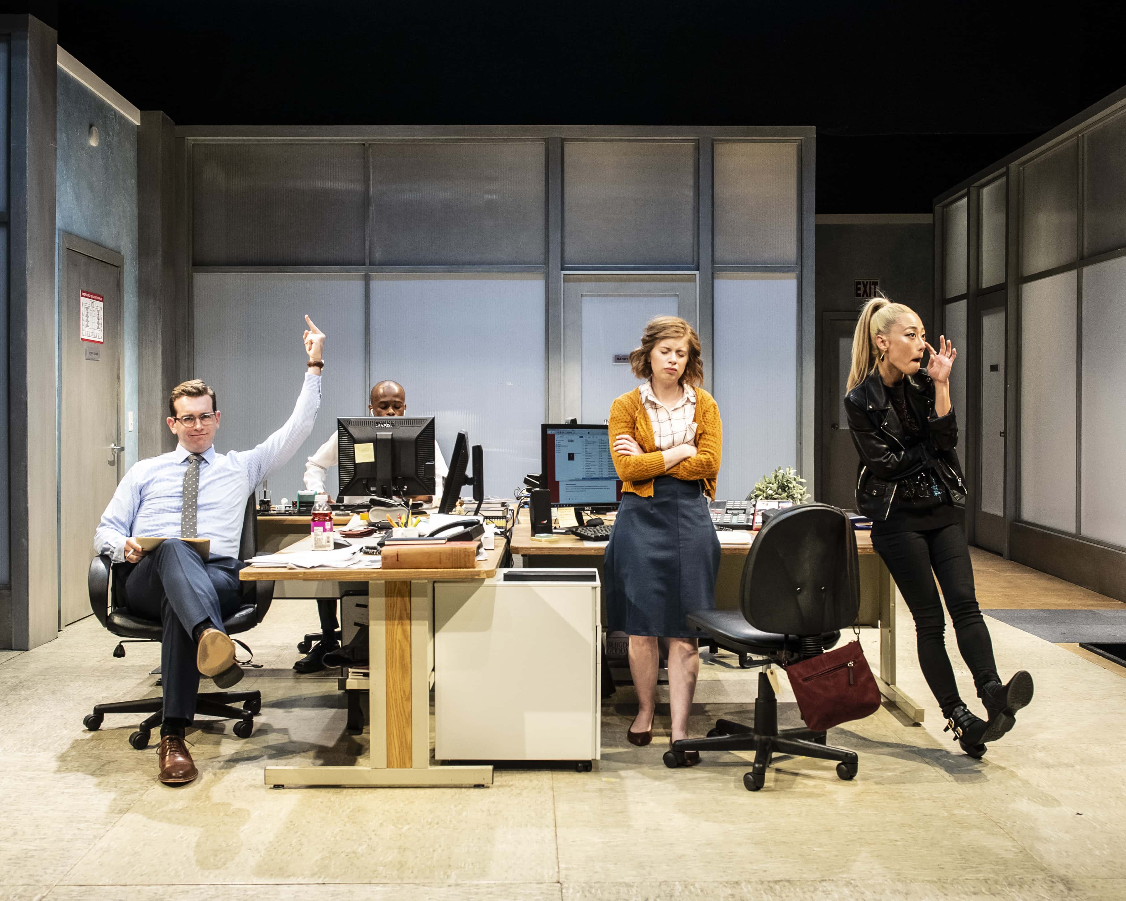 L-R: Conrad Schott, Justin Weaks, Megan Graves, and Eunice Hong in Gloria, now playing at Woolly Mammoth Theatre Company. Photo by Teresa Castracane.