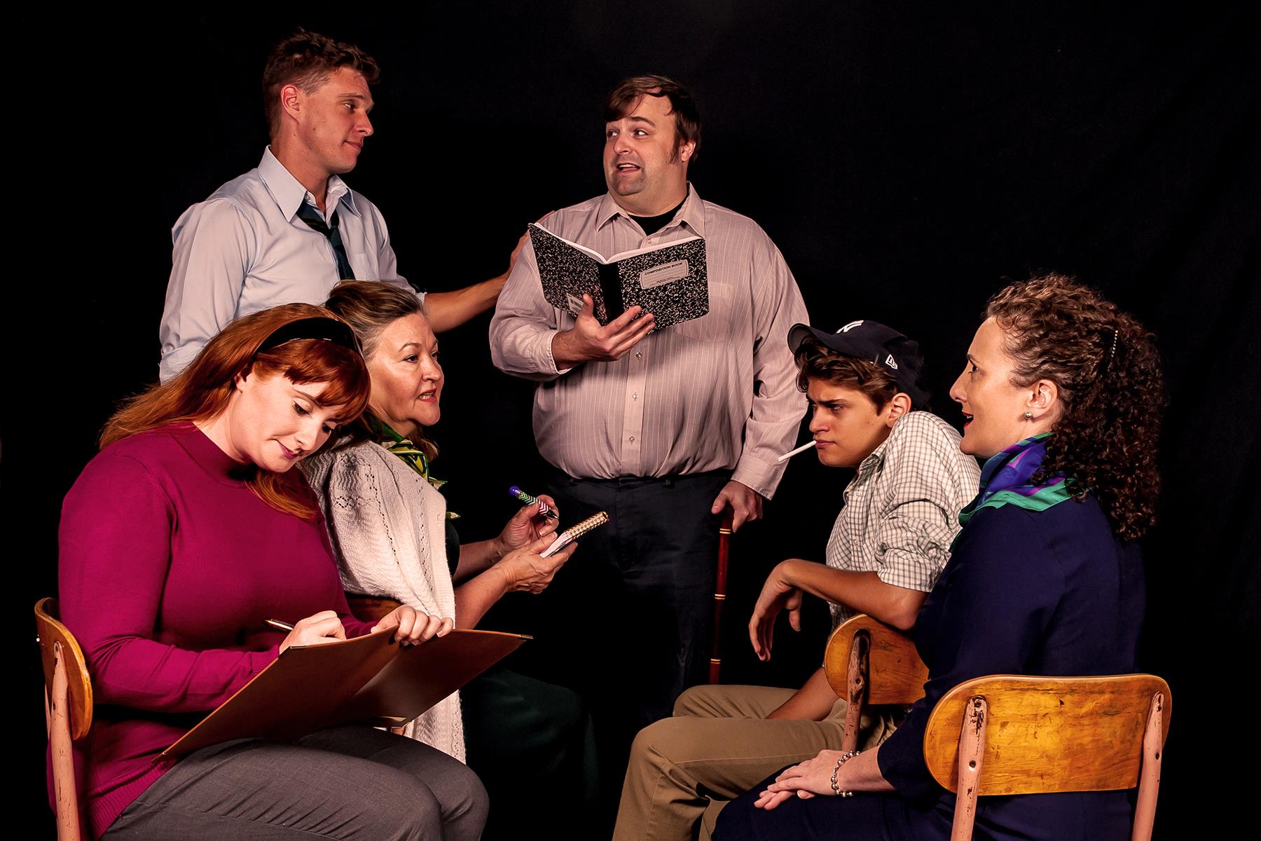 L to R: Robin Schwartz, Ron Giddings, Mary MacLeod, Jeff Sprague, Jack Leitess, and Alicia Sweeney in The Babylon Line, now playing at The Colonial Players of Annapolis. Photo by Colburn Images.