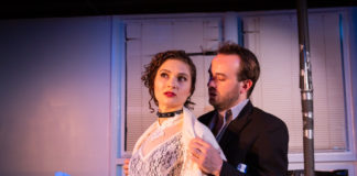 Anna DiGiovanni as Vanda and Scott Ward Abernethy as Thomas in Venus in Fur, now playing at 4615 Theatre Company. Photo by Ryan Maxwell Photography.