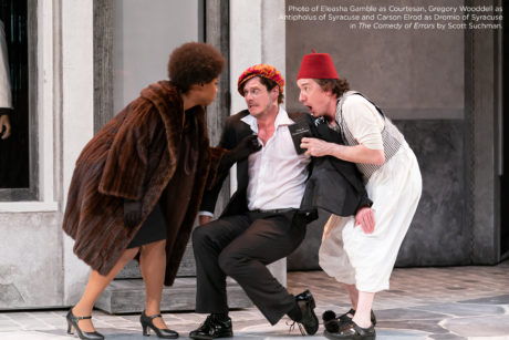 Eleasha Gamble (Courtesan), Gregory Wooddell (Antipholus of Syracuse), and Carson Elrod (Dromio of Syracuse) in The Comedy of Errors, now playing at the Shakespeare Theatre Company. Photo by Scott Suchman.