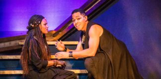 Shayla S. Simmons (Aida), and Jobari Parker-Namdar (Radames) in Aida, now playing at Constellation Theatre. Photo by DJ Corey Photography.