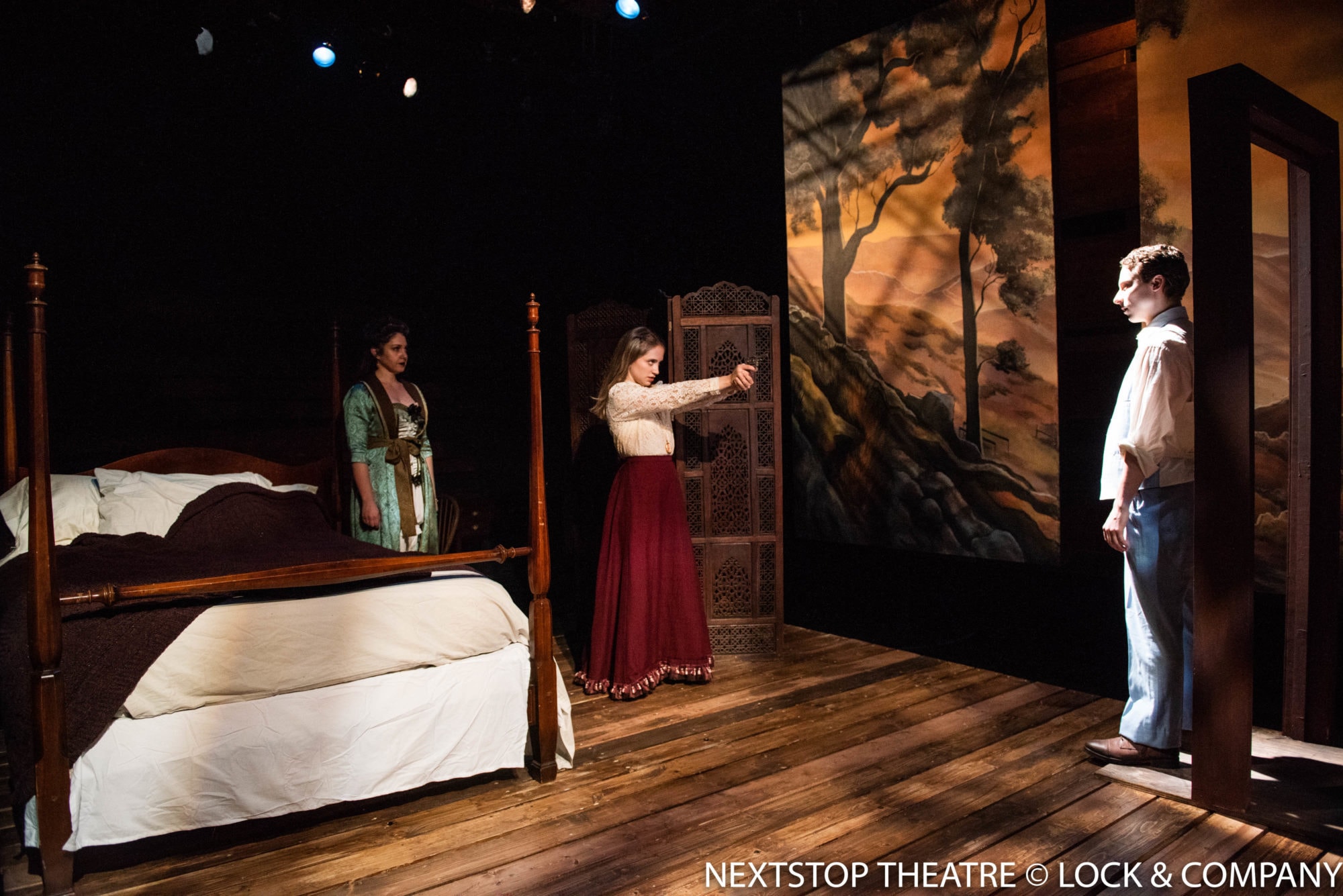 Kari Ginsburg, Annie Ottati and John Sygar in John Steinbeck’s “East of Eden” at NextStop Theatre Company. Photo by Lock and Company.