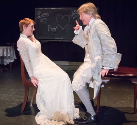 Heather Plank as Emilie and Bruce Alan Rauscher as Voltaire in Vienna Theatre Company's production of Emilie: La Marquise Du Chatelet Defends Her Life Tonight. Photo by John Sharrard.