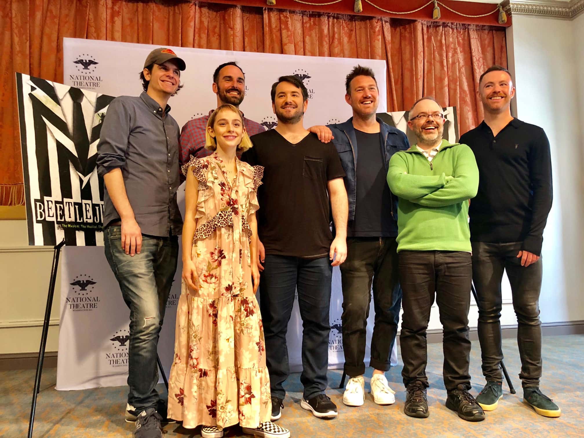 'Beetlejuice' creative team at the National Theatre: L-R Alex Timbers (Director), Sophia Anne Caruso (Lydia), Anthony King (book writer), Alex Brightman (Beetlejuice), Eddie Perfect (Composer and Lyricist), Scott Brown (book writer), Connor Gallagher. Photo by Nicole Hertvik.
