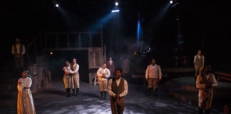 (l-r) Russell Rinker, Karma Price, Billie Krishawn, Ayanna Hardy, Suzy Alden, Gary L. Perkins III, Joshua Simon, Demitrus Carter, Rebecca Ballinger, and V. Savoy McIlwain in "A Civil War Christmas" at 1st Stage. Photo by Teresa Castracane.