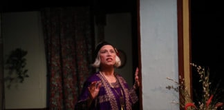 Suzanne Young (Madame Arcati) in Spotlighters Theatre's production of Blithe Spirit. Photo credit: Spotlighters Theatre/Shealyn Jae Photography.