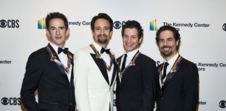 Hamilton Creative Team: Andy Blankenbuehler (Choreography), Lin-Manuel Miranda (composer, lyricist, book writer), Thomas Kail (director), and Alex Lacamoire (music director) arrive at the 2018 Kennedy Center Honors. Photo by Scott Suchman.
