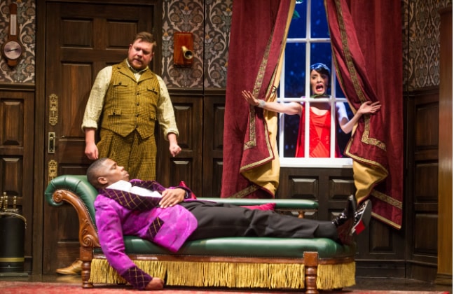 Peyton Crim, Yaegel T. Welch, and Jamie Ann Romero in 'The Play That Goes Wrong' at the Kennedy Center. Photo by Jeremy Daniel.