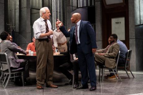 Michael Russotto (Juror Three) and Erik King (Juror Eight) and the cast of the Ford’s Theatre production of Twelve Angry Men, directed by Sheldon Epps. Photo by Scott Suchman.