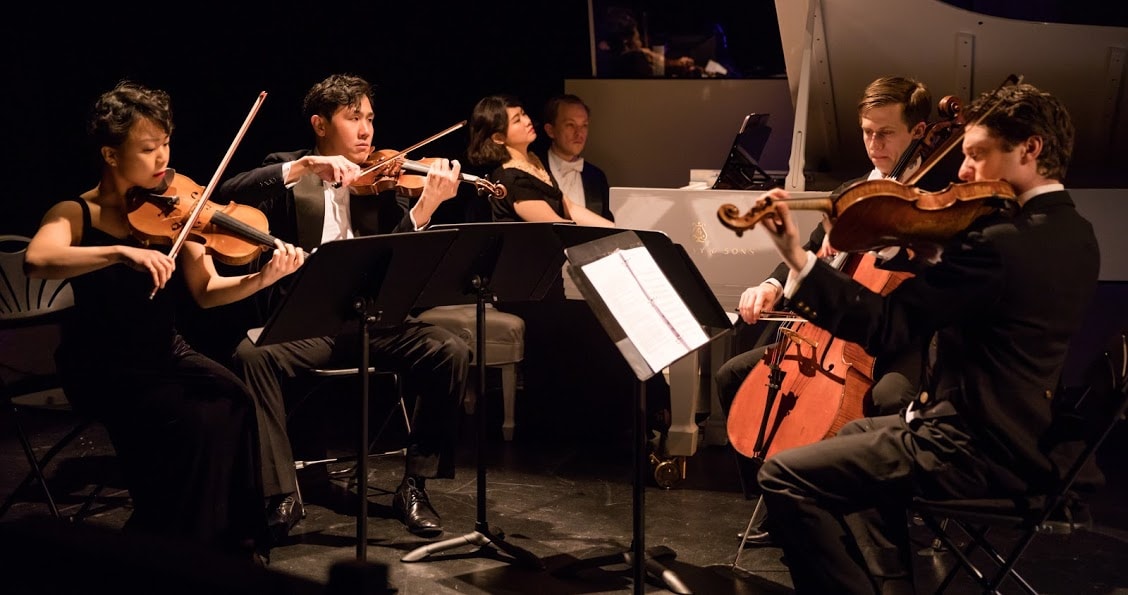 Mari Lee and Henry Wang on violins, Zhenni Li on piano (with page turner Miles Mandwelle), Ari Evan on cello, and Matthew Cohen on viola. Photo by Shirin Tinati.