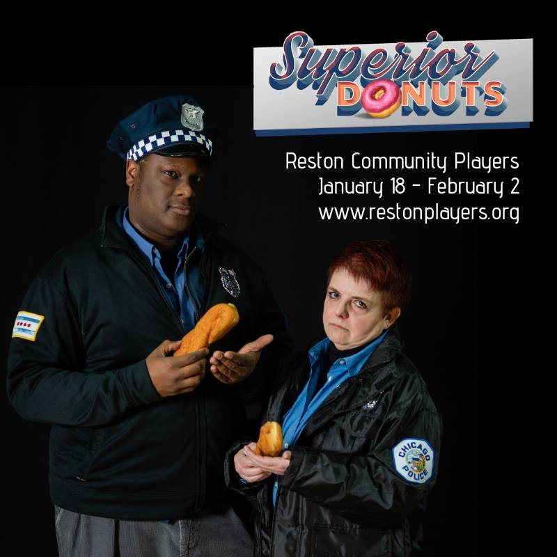 Matthew McCarthy plays Officer James Bailey and Mattie Cohan plays Officer Randy Osteen in Reston Community Players' production of Superior Donuts, playing through February 2 at Reston Centerstage. Photo courtesy of Reston Community Players.