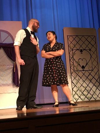 Ryan Lahey (Benedick) and Lindsey Capuno (Beatrice) in Castaways Repertory Theatre's production of Much Ado About Nothing. Photo by Hannah Butler.