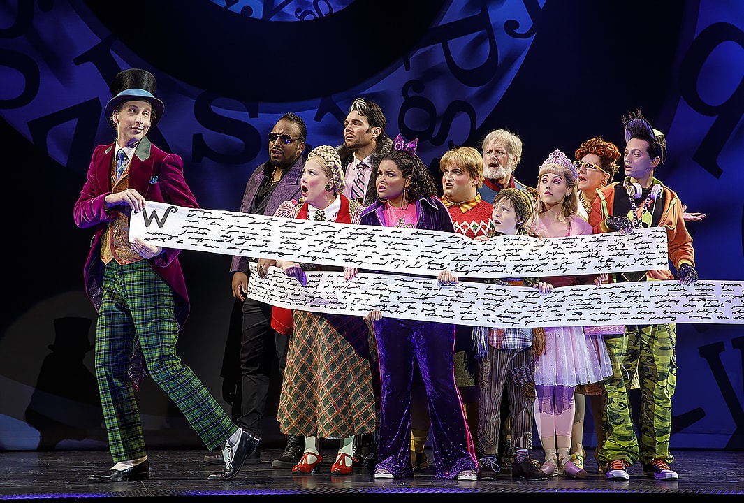 Noah Weisberg and the national tour cast of Charlie and the Chocolate Factory. Photo by Joan Marcus. 