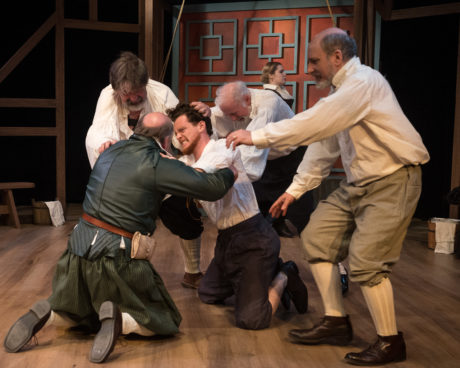 Tom Howley, Keith Cassidy, Nicholas Temple, Gary Sullivan, Lena Winter, and David Dubov in Equivocation at Silver Spring Stage. Photo: Harvey Levine.