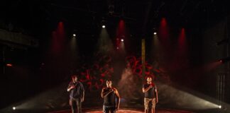 Gary-Kayi Fletcher, Clayton Pelham, Jr., and Thony Mena in 'The Brothers Size' at 1st Stage. Photo by Teresa Castracane.