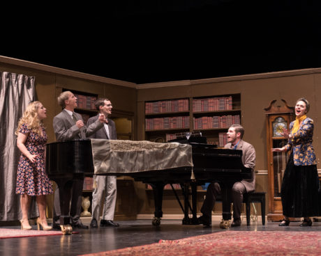 Jesse Dugan, Erin Kellman, Daniel Dausman, Ian Swank, and Laura Searles in Rockville Little Theatre's production of The Musical Comedy Murders of 1940. Photo by Harvey Levine.
