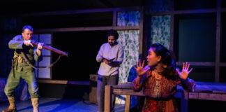 Chris Stinson, Nahm Darr, and Julie M in 'Among the Dead' at Spooky Action Theatre. Photo by Tony Hitchcock.