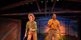Max Gerecht (Huck) and Nathan Butts (Jim) in the world premiere of Huckleberry Finn's Big River at Adventure Theatre MTC. Photo by Ryan Maxwell.
