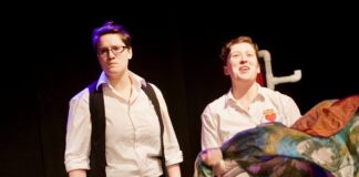 Nicola Collett (left) and Hannah Sweet in Avant Bard's 'A Two Woman Hamlet.' Photo by Mara Sherman.