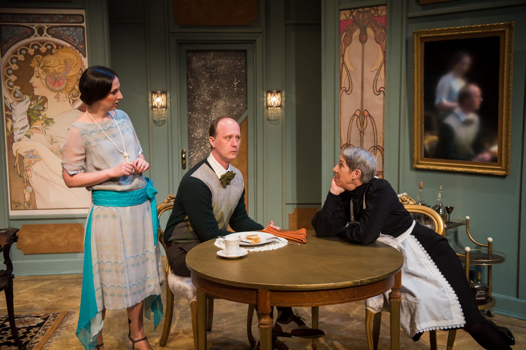 Teresa Spencer, John Stange and Lorraine Magee in Noel Coward's "Fallen Angels" at NextStop Theatre Company. Photo by Lock and Company.