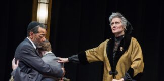 Frank X, Christopher Warren and Valerie Leonard in Theater J’s production of 'The Jewish Queen Lear,' playing at Georgetown University’s Davis Performing Arts Center through April 7. Photo by C. Stanley Photography.