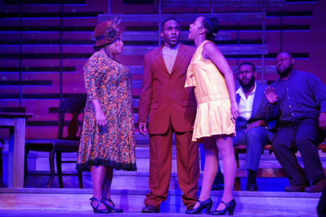 Kadejah Oné (Sofia) with Carl Williams (Harpo) and IO Browne (Squeak) in 'The Color Purple' at Riverside Center for the Performing Arts. Photo by Susan Carr-Rossi.