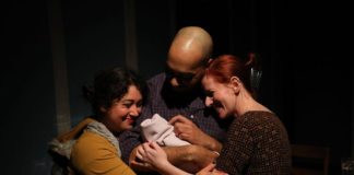Jess Rivera as Ruth, Grant Emerson Harvey as Peter, and Katharine Vary as Anna in 'And Baby Makes Seven' at The Strand. Photo by Shealyn Jae Photography.