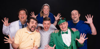 Back row, L-R: Aref Dajani, Jamie Erin Miller, Glenn Singer. Front row, L-R: Shane Conrad, Ron Giddings, Tom Newbrough. Photo courtesy of the Colonial Players of Annapolis.