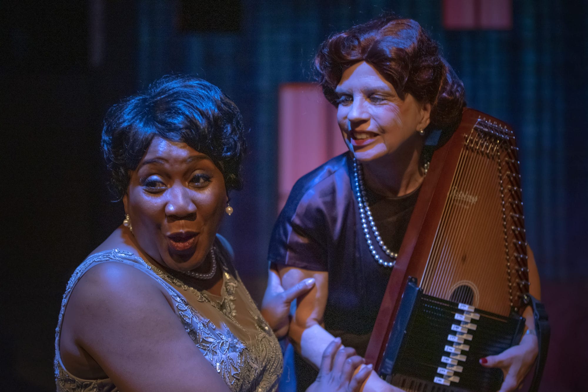 Roz White as Alberta 'Pearl' Johnson and Susan Galbraith as Susannah Mullaly in 'Black Pearl Sings!' at the Alliance for New Music-Theatre. Photo by Thom Goertel.