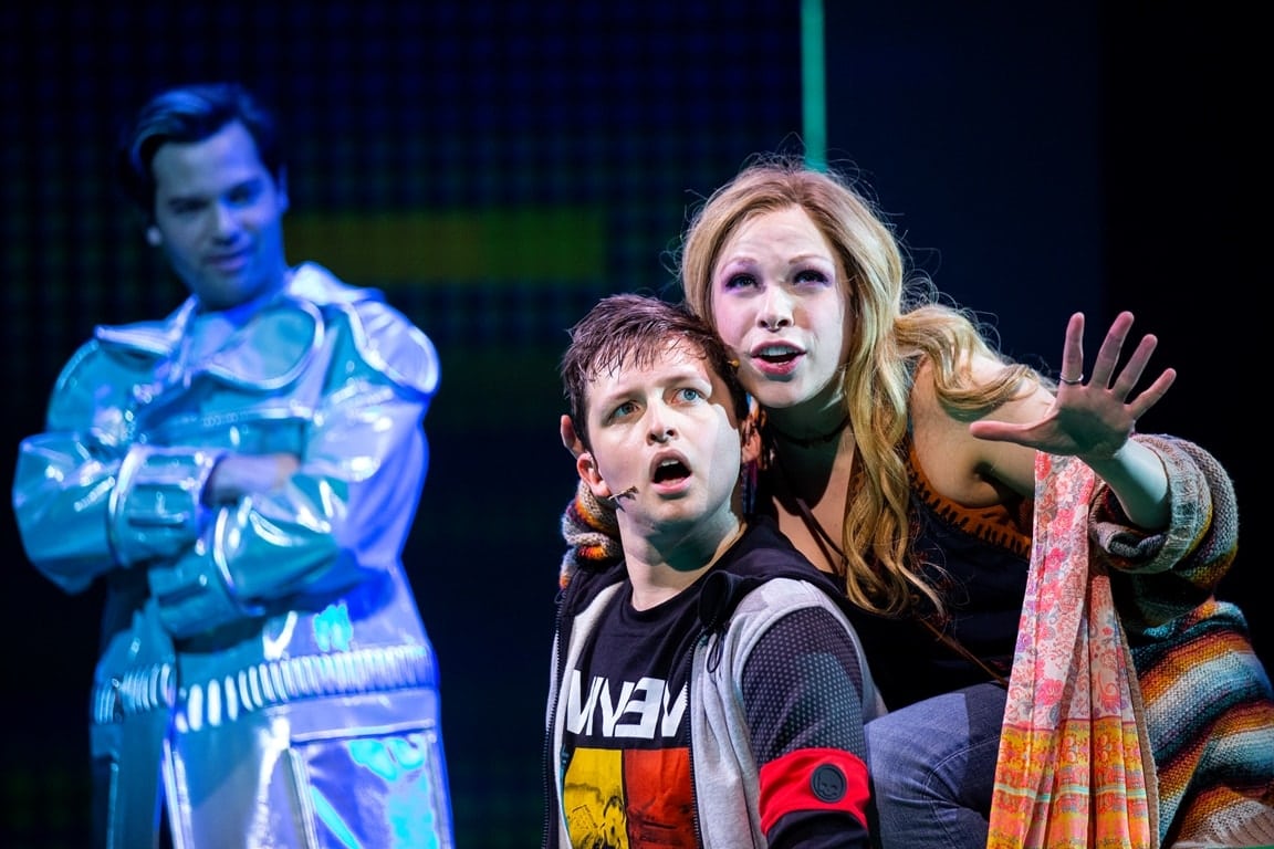 Jason Tam, Will Roland, and Lauren Marcus in Be More Chill. Photo by Maria Baranova.