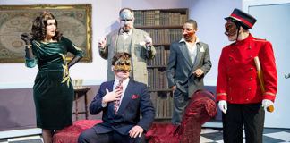 L-R: Francesca Chilcote, Graham Pilato, Darius Johnson, Kathryn Zoerb, and Ben Lauer (seated) in 'The Great Commedia Hotel Murder Mystery.' Photo by C. Stanley Photography.