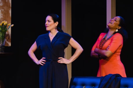 Susan Marie Rhea (Annette Raleigh) and Lolita Marie (Veronica Novak) in Keegan Theatre's production of 'God of Carnage.' Photo by Cameron Whitman.