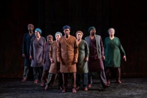 Corey Allen, Kati Brazda, Patrena Murray, Helen Carrey, Jonathan Louis Dent, Sophia Skiles, Alvin Keith, and Franchelle Stewart Dorn as members of the Chorus, 'The Oresteia.' Photograph by Scott Suchman.