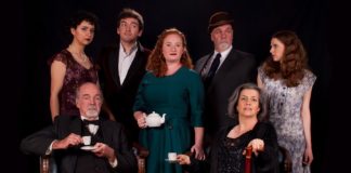 The cast of the Colonial Players of Annapolis production of 'Towards Zero.' L to R back: Lauren Brown, Ben Bell, Robin Schwartz, Jeffrey Miller, Nicole Musho. L to R front: Michael Dunlop, Joanna Tobin. Photo by Colburn Images.