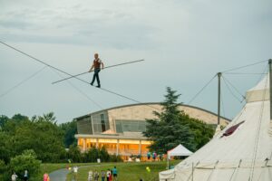 David Dimitri performs on the high wire in 'L'homme Cirque: The One-Man Circus,' now at Strathmore. Photo by Andrew Propp.