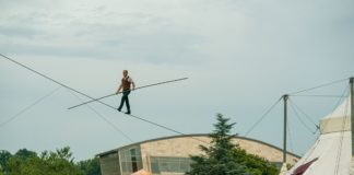 David Dimitri performs on the high wire in 'L'homme Cirque: The One-Man Circus,' now at Strathmore. Photo by Andrew Propp.