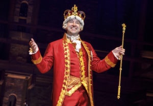 Peter Matthew Smith as King George in Hamilton. Photo by Joan Marcus.