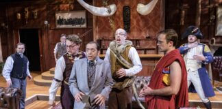 L-R: Matthew Pauli (Professor Sloane), Danny Cackley (Lucius Fretway), Harrison Smith (Professor Walling), Zach Brewster-Geisz (Sir Bernard Humphries), Ryan Tumulty (Professor Cope), Jack Novak (Beebe), and Nicklas Aliff (Harry Percy) in 'The Explorers Club' by Prologue Theatre. Photo by DJ Corey Photography.