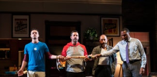 L-R: Juan Arturo, Chris Thorn, Scott Aiello, and Ken Robinson in 'Support Group for Men' at Contemporary American Theater Festival. Photo by Seth Freeman.