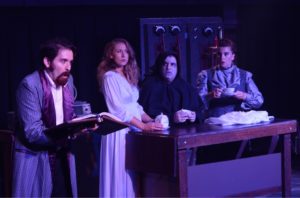 Thomas Bricker (Dr. Frankenstein), Jennifer Pagano (Inga), David Chiarenza (Igor), and Jessica Graber (Frau Blucher) in 'Young Frankenstein' by Other Voices Theatre. Photo courtesy of Linda Taylor.