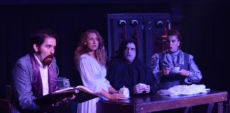 Thomas Bricker (Dr. Frankenstein), Jennifer Pagano (Inga), David Chiarenza (Igor), and Jessica Graber (Frau Blucher) in 'Young Frankenstein' by Other Voices Theatre. Photo courtesy of Linda Taylor.