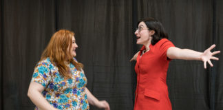 Elizabeth A. Weiss as Janie Blumberg and Betsy Ryan as Harriet Cornwall in 'Isn't It Romantic' by Theatre@CBT. Photo by Harvey Levine.
